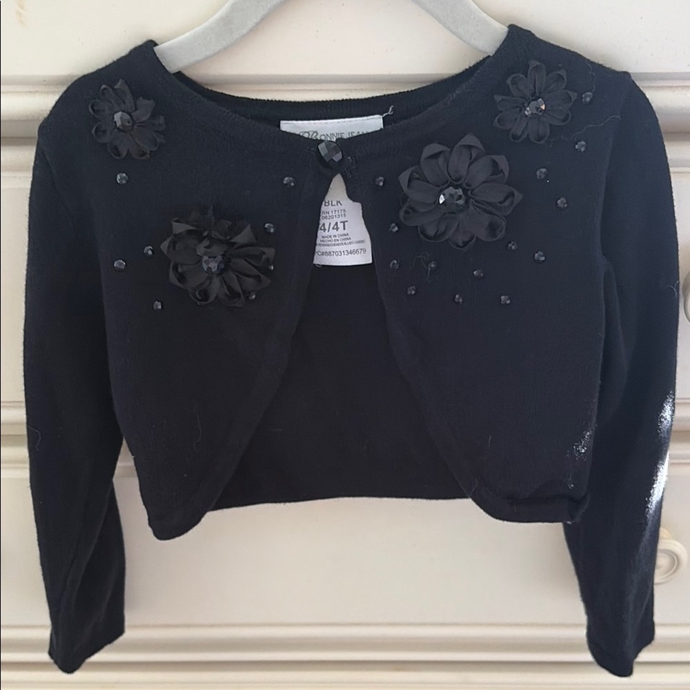 Bonnie Jean Black Floral Appliqué Bolero Cardigan 4T sale 3 for $20